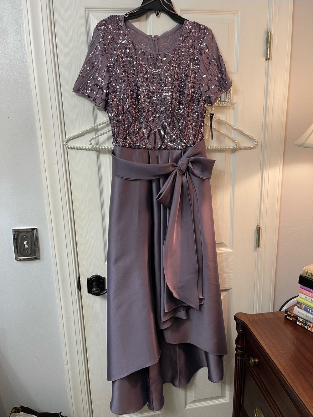 Jovani Lavender Sequin Dress High-Low Skirt with Satin Sash